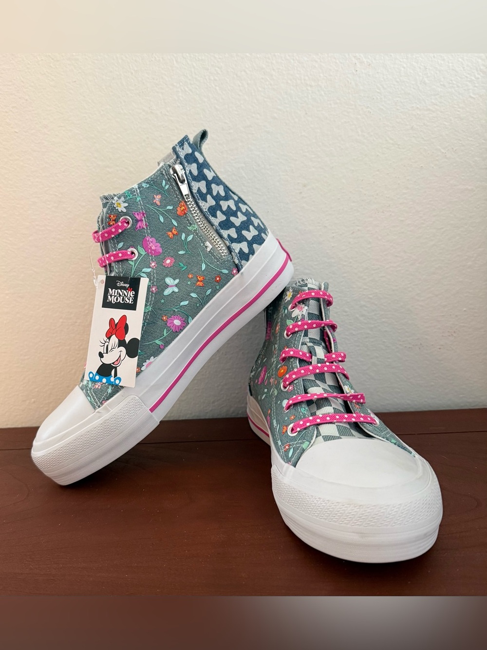 Disney Minnie Mouse Floral High-Top Sneakers in Teal and Pink Accents
